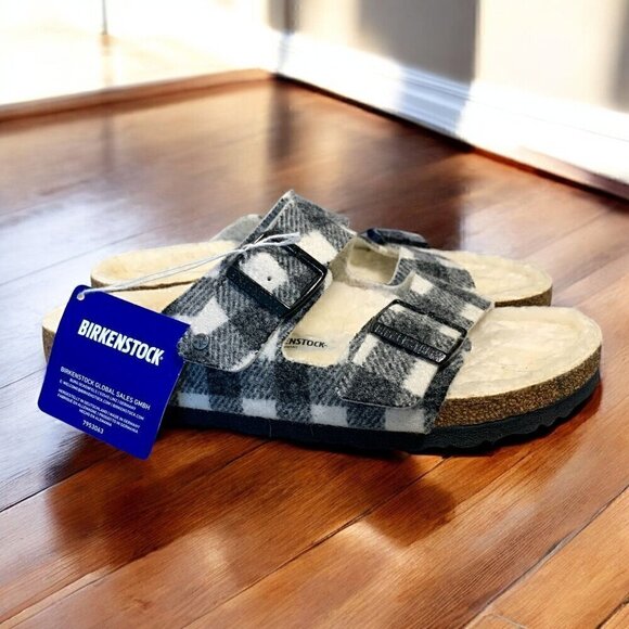 BIRKENSTOCK Arizona Shearling Wool Black & White Plaid Sandal W Sz 9 Narrow NWT - Picture 5 of 15